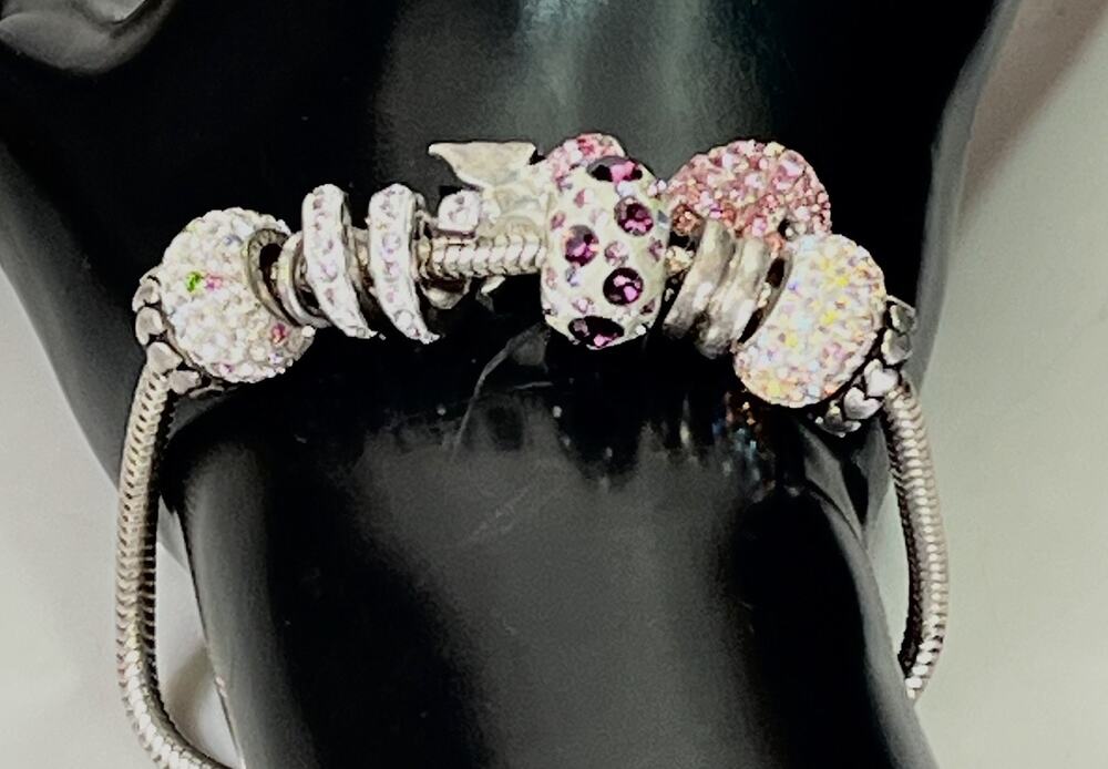 Vtg AGI Charm Bracelet Sterling Silver Multi Pink & Gem Charms Snake Chain 25.8g